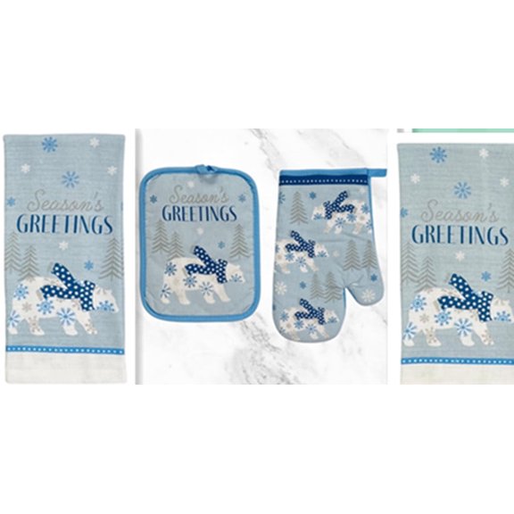 Holiday Winter Season's Greetings Polar Bear Forest Snowflake Kitchen Towel Set - 2 Kitchen Towels 1 Oven Mitt 1 Pot Holder