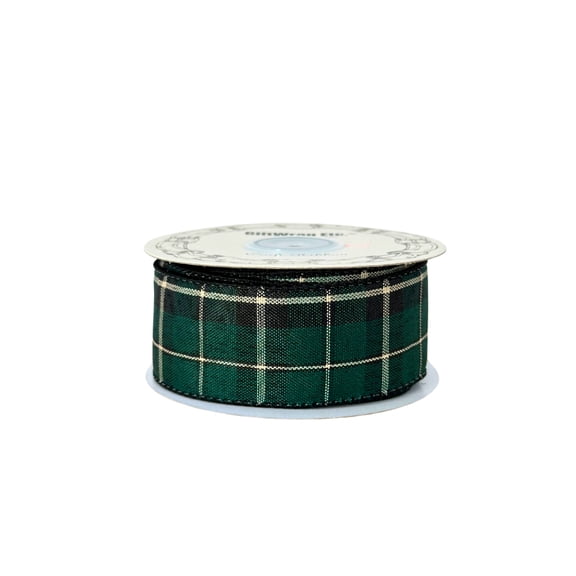 Holiday Wired Christmas Tartan Ribbon - 1 1/2" x 10 Yards, Black and Green Plaid, Wreath, Wrapping, Bows Decorations