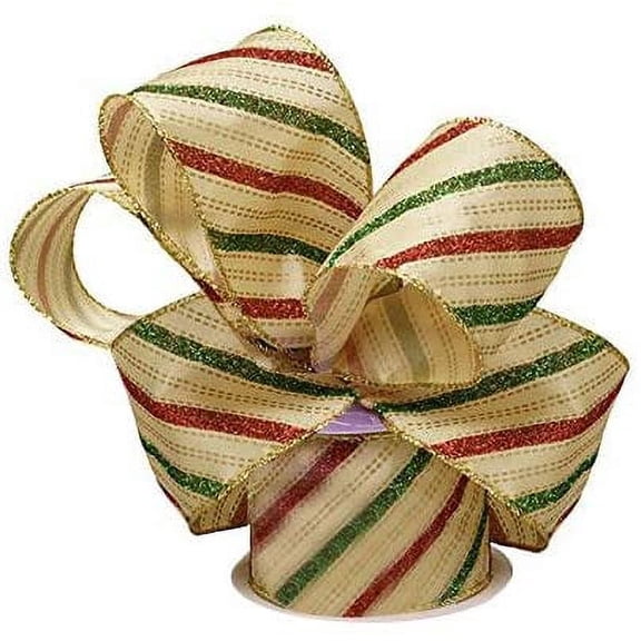Gold Red Green Striped Ribbon - 2 1/2" x 10 Yards, Fall, Thanksgiving, Christmas, Wired Edge