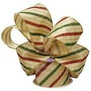 Holiday Wired Christmas Tree Ribbon - 2 1/2 x 10 Yards, Red Green Gold Striped, Wreath