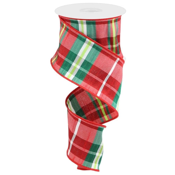 Holiday Wired Christmas Tree Ribbon - 2 1/2" x 10 Yards, Red & Yellow Plaid, Wreath
