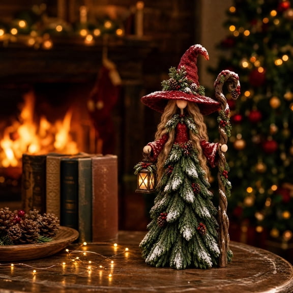 Holiday Witch Tree Resin Figurine, Red Woodland Christmas Decoration with Lantern and Staff
