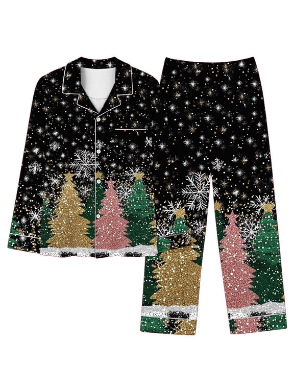 Holiday Women’s Christmas Snowflake Print Pajamas 2-Piece Long Sleeve Button Pjs Set Soft Elegant Nightwear Lounge Home Clothes