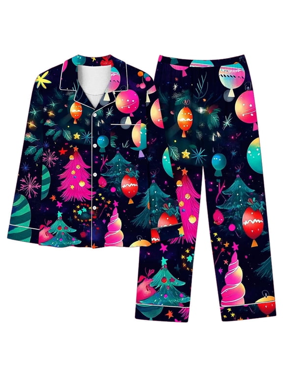 Holiday Women’s Christmas Snowflake Print Pajamas 2-Piece Long Sleeve Button Pjs Set Soft Elegant Nightwear Lounge Home Clothes