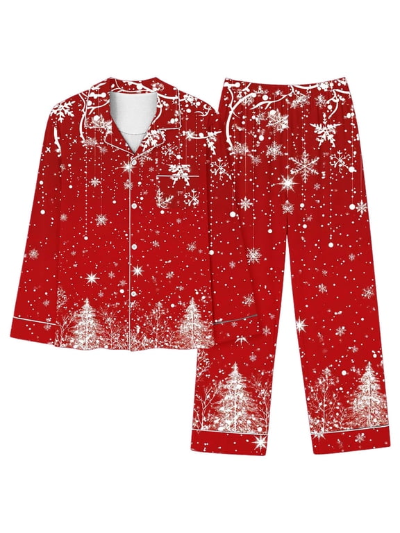 Holiday Women’s Christmas Snowflake Print Pajamas 2-Piece Long Sleeve Button Pjs Set Soft Elegant Nightwear Lounge Home Clothes