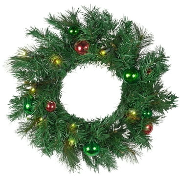 Holiday Wonderland Artificial Lighted Pine Wreath, Battery-operated, 24"