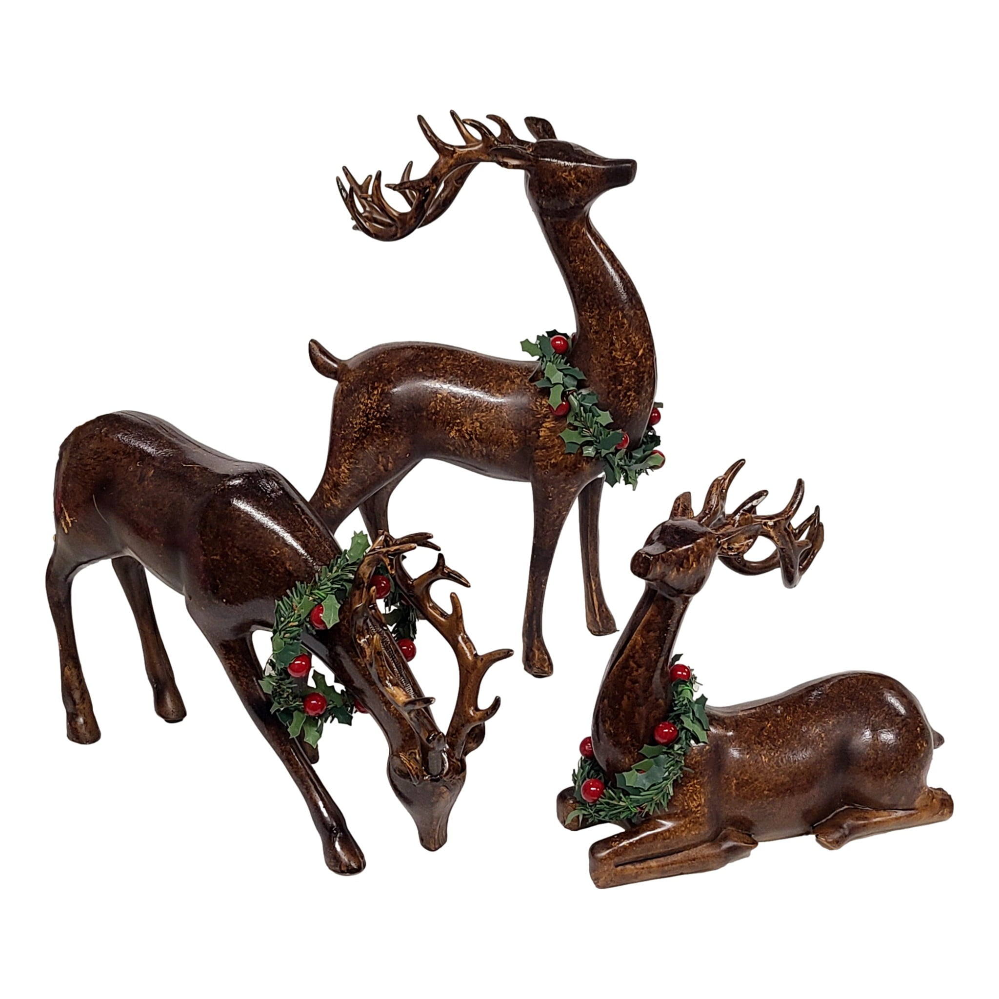 Holiday Wooden Reindeer Table Decor 11 Inch 3 Pack Holly Wreath Herd Marbled Festive Centerpiece