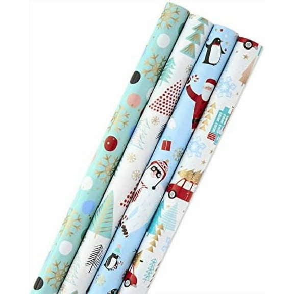 Holiday Wrapping Paper Bundle with Cut Lines on Reverse, Quirky Christmas (Pack of 4, 120 sq. ft. ttl) Yeti, Santa, Penguin, Snowflakes, Blue, Gold
