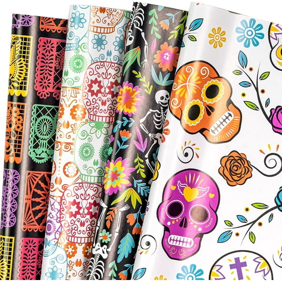 Holiday Wrapping Paper Sheet - 12 Sheet with 4 Different Design - Skull/Skeleton/Floral Print for Day of the Dead, Halloween - 27.5 x 19.6 inches Per Sheet