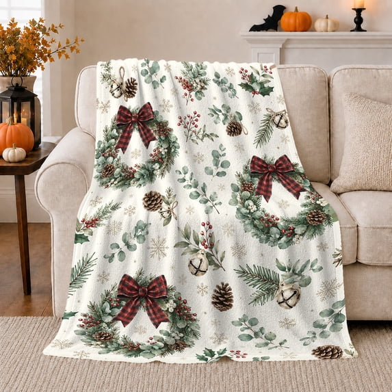 Holiday Wreath Plaid Bow Pattern in Traditional Winter Style for Christmas Lovers, Pinecone Bell Berry Scene, Cozy Flannel Blanket for Bedroom and Living Room, Christmas Gift, Wreath Home Decor