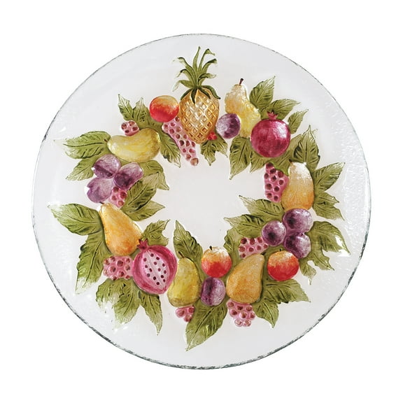 Holiday Fruit Wreath Glass Decorative Platter Plate Serving Dish