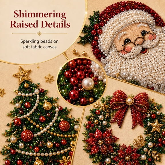 Holiday WreathChristmas Wreath Beaded Embroidery Kit,DIY Pearl Art with Red/Green/Gold Design, Includes Frame Perfect for Mantel or Wall Decor​