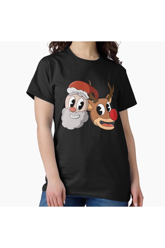 Holiday figure and Rudolph in cuphead face pattern festive artwork Unisex T-Shirt, up to size 5XL