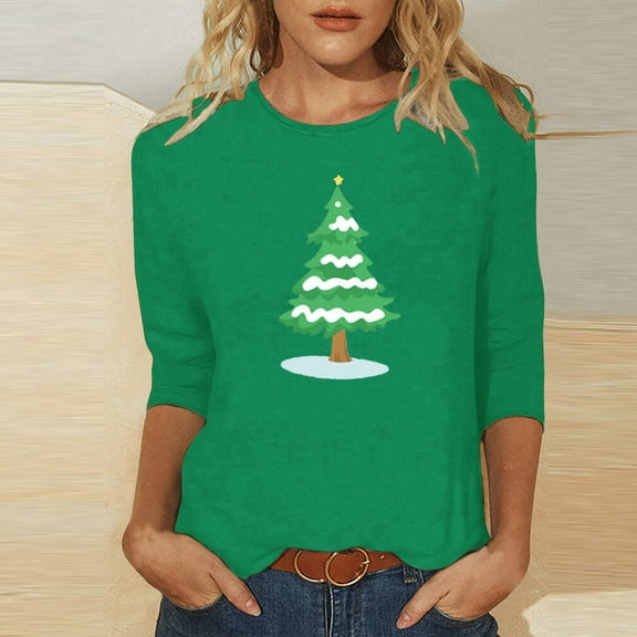 Holiday gift Aueoeo Christmas Sweatshirt Women Christmas Tree Printed T-Shirt Casual Long Sleeve Round Neck Pullover Tops Green S