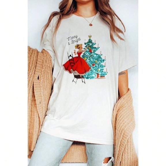 Holiday gift retro Christmas girl t-shirt, girl decorating tree pattern, happy bright t-shirt, gift for her, women's casual t-shirt, women's short-sleeved shirt, short-sleeved tops women