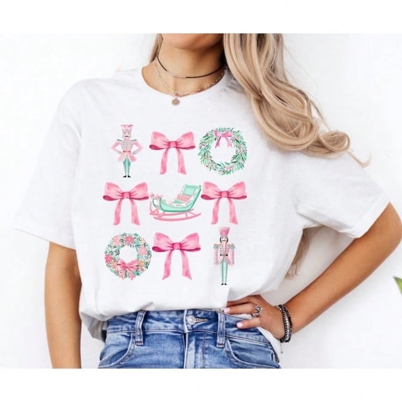 Holiday gifts: preppy Christmas pink bow shirt, Nutcracker Christmas tree T-shirt, gentle girl aesthetic gift, retro country style, women's cotton T-shirt, women's short-sleeved T-shirt