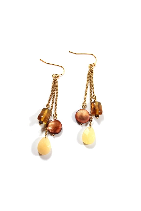 Genuine Yellow Jade and Tiger Eye Drop Dangle Earrings - 2.5 Inch Elegant Chain Earrings Jewelry Gold