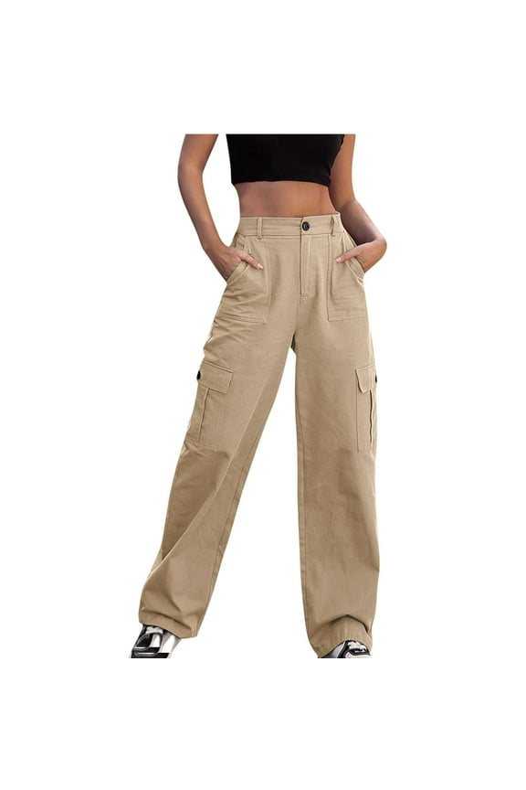 Holiday UTSJKR Women's Baggy Cargo Pants High Waist Pockets Long Straight Wide Leg Trousers Streetwear Joggers Oversized Parachute Pants Khaki 6