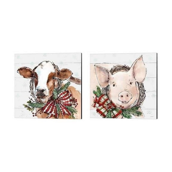 Holiday on the Farm on Gray by Anne Tavoletti Canvas Art Set of 2 14 inch X 14 inch Each