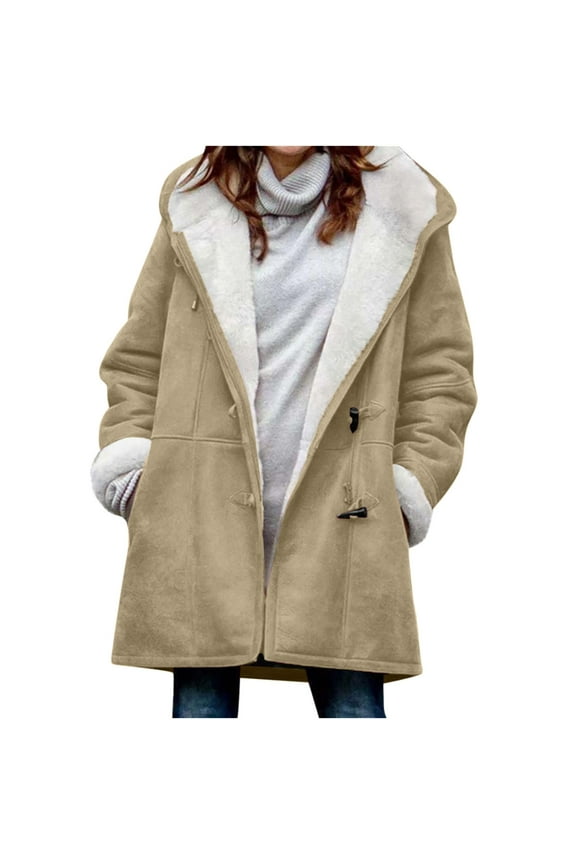 Jackets for Women Winter Warm Sherpa Lined Coats Plus Size Hooded Parka Faux Suede Long Pea Coat Outerwear Classic-Fit Soft Fuzzy Jackets Overcoat