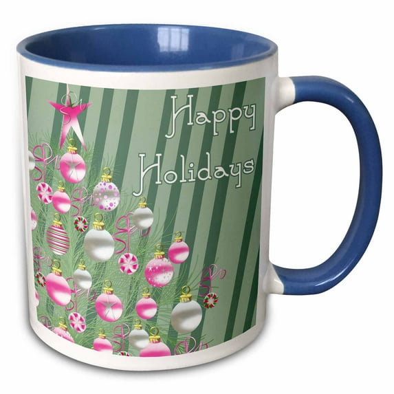 3drose, Holidays Silver and Pink Decorated Tree Striped Background, 11oz Two-tone Blue Mug