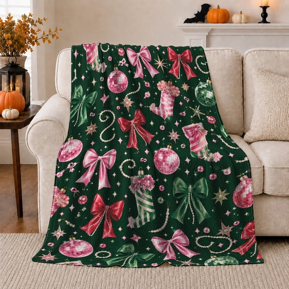 Holidazzle Bow Disco Ball, Festive Holiday Scene, Warm Flannel Blanket for Living Room and Reading Nook with Detailed Artwork, Art Lovers Christmas Gift, Festive Home Decor