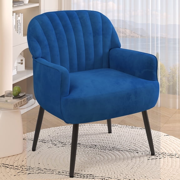 Holiway Accent Chair Flannel Upholstered with Metal Legs, Modern Sofa Chair for Bedroom/Offiic, Blue