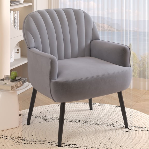 Holiway Accent Chair Flannel Upholstered with Metal Legs, Modern Sofa Chair for Bedroom/Offiic, Gray