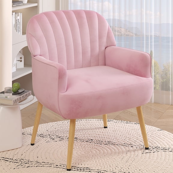 Holiway Accent Chair Flannel Upholstered with Metal Legs, Modern Sofa Chair for Bedroom/Offiic, Pink