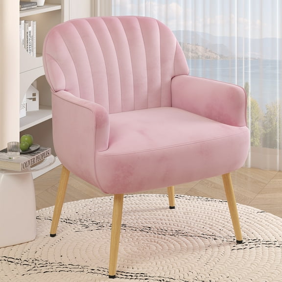 Holiway Accent Chair Flannel Upholstered with Metal Legs, Modern Sofa Chair for Bedroom/Offiic, Pink
