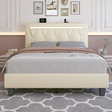 Holiway Full Size Bed Frame with LED Lights and Adjustable Headboard, Upholstered Platform Bed with Charging, No Box Spring Needed, Beige