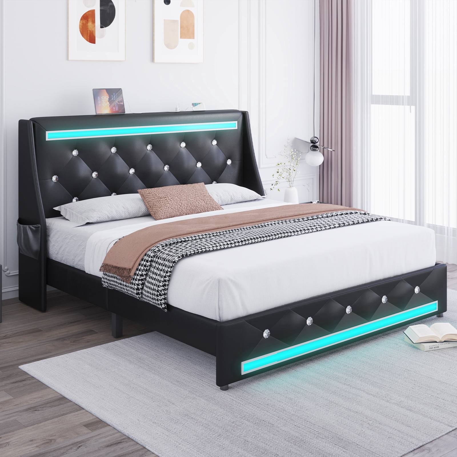 Holiway Full Size LED Bed Frame with Upholstered Headboard, Wingback PU Leather Headboard with Charging Station, Diamond Tufting, Black
