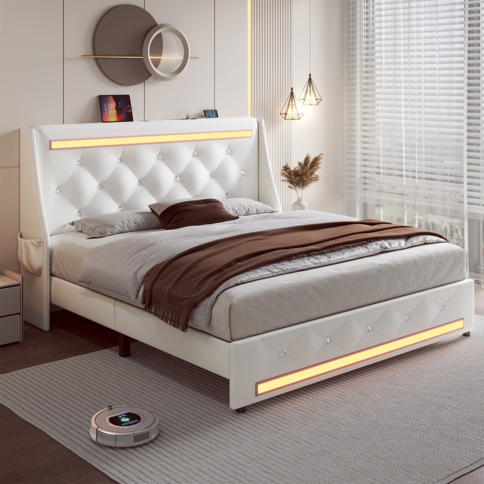 Holiway Full Size LED Bed Frame with Upholstered Headboard, Wingback PU Leather Headboard with Charging Station, Diamond Tufting, White