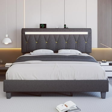 Holiway King Size Bed Frame with LED Lights and Adjustable Headboard, Upholstered Platform Bed with Charging, No Box Spring Needed, Gray