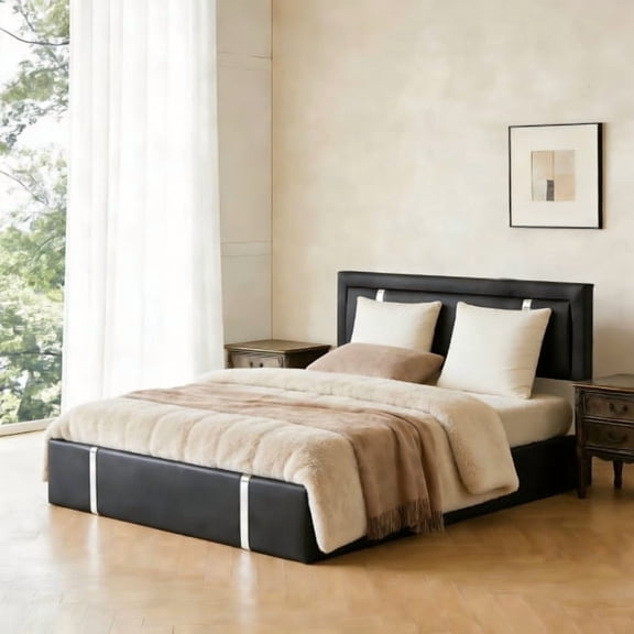 Holiway Queen Bed Frame with Adjustable LED Lights Headboard, USB-C Charging Ports, Faux Leather Upholstered Platform Bed, Metal Slats Support, Black