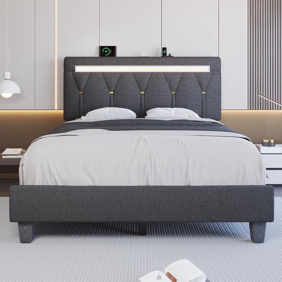 Holiway Queen Size Bed Frame with LED Lights and Adjustable Headboard, Upholstered Platform Bed with Charging, No Box Spring Needed, Gray