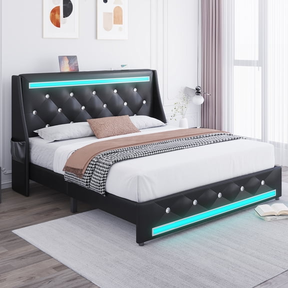 Holiway Queen Size LED Bed Frame with Upholstered Headboard, Wingback PU Leather Headboard with Charging Station, Diamond Tufting, Black