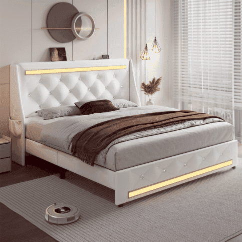 Holiway Queen Size LED Bed Frame with Upholstered Headboard, Wingback PU Leather Headboard with Charging Station, Diamond Tufting, White