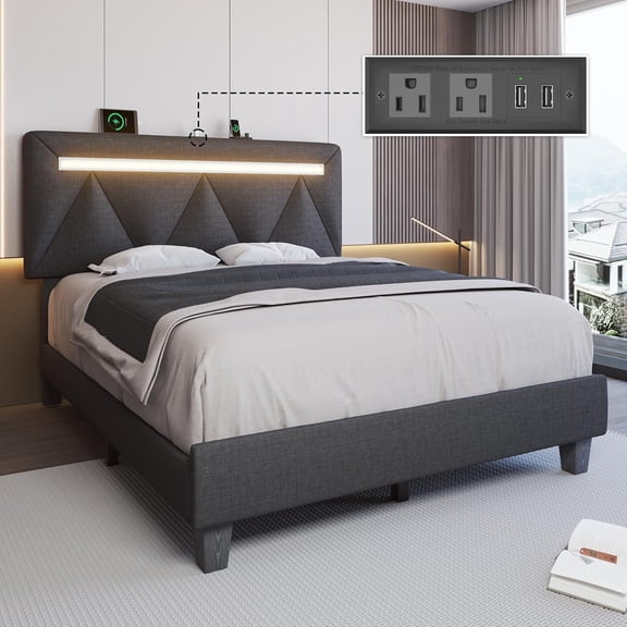 Holiway Queen Upholstered Bed Frame with Adjustable Headboard, LED Bed Frame with Charging Station,No Box Spring Needed, Gray