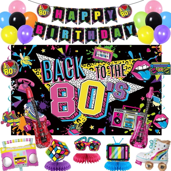 Holkcog 80s Party Decorations, 80s Theme Birthday Party Supplies, 1980s Party Supply With Back To The 80's Banner Backdrop , Radio and Rock Guitar Ballons, 90s Theme Birthday Decor women A101