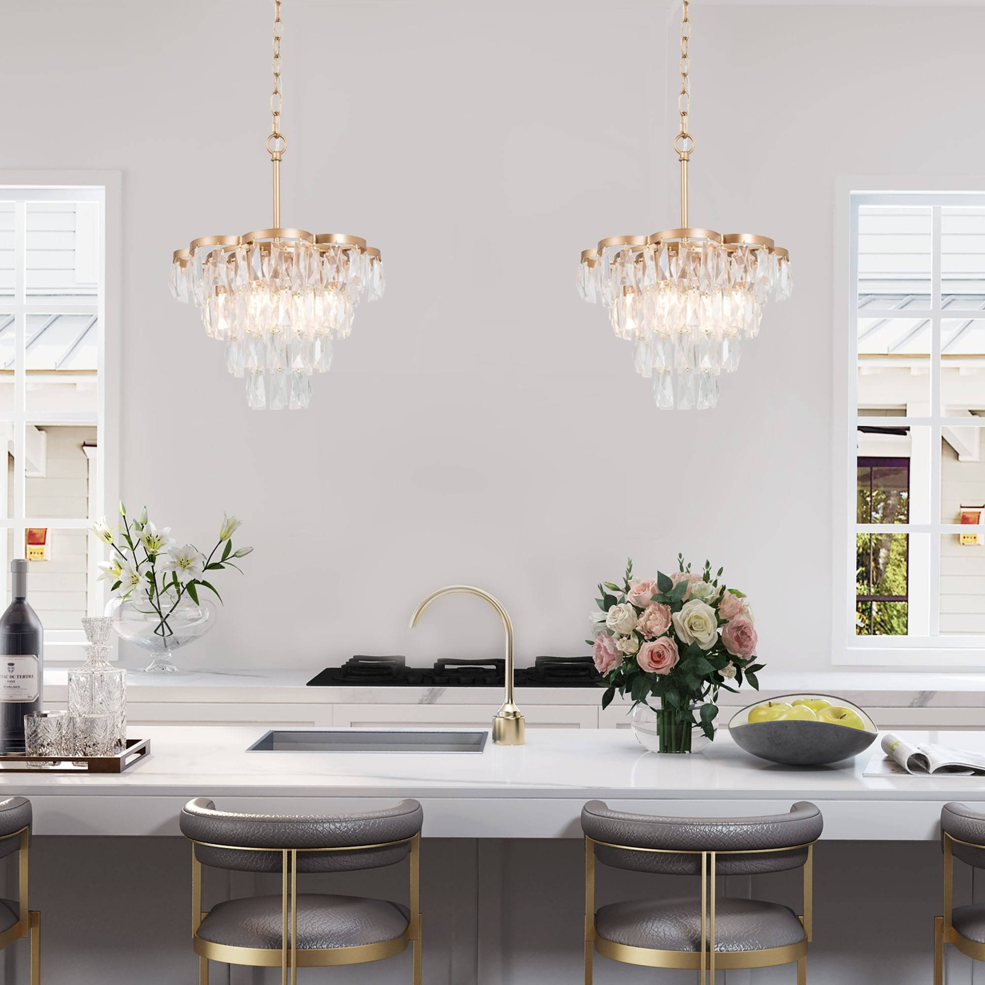 Gold 4-Tier Crystal Pendant Light with Adjustable Height