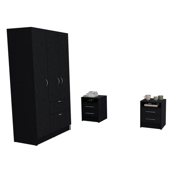 Holland 3 Piece Bedroom Set, Primavera Armoire + Eter Nightstand + Eter Nightstand, Black / White