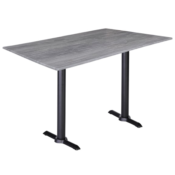 Two Indoor/Outdoor 42" Tall OD211EB Black Table Bases with a 22" Foot and a 30" x 48" Indoor/Outdoor Greystone Top by the Holland Bar Stool Co.