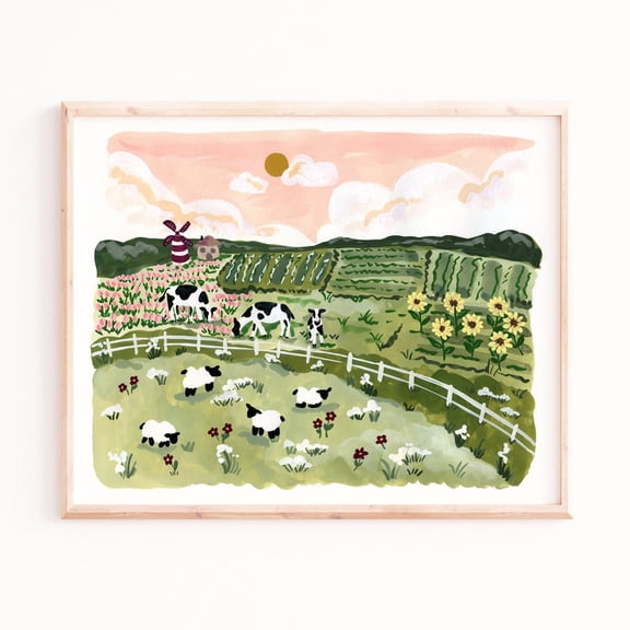Holland Farm Art Print, Sheep and Windmill (Style) Poster, Unframed Poster Size 24x36 F03.1.19l1366