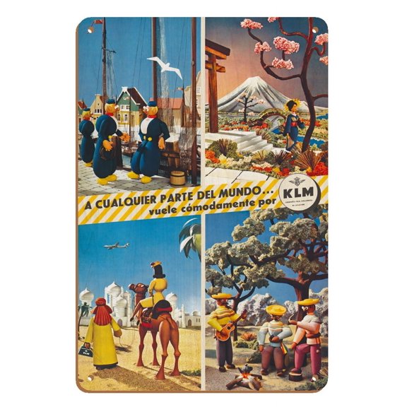 Holland Japan Middle East Mexico - KLM Royal Dutch Airlines - Vintage Airline Travel Poster - 8 x 12 inch Vintage Wood Art Sign