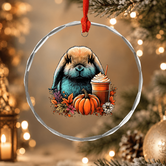 Holland Lop Rabbit Pumpkin Spice Latte Lovers Bunny Autumn Ornament, Holiday Keepsake Gift, Circle Glass Ornament