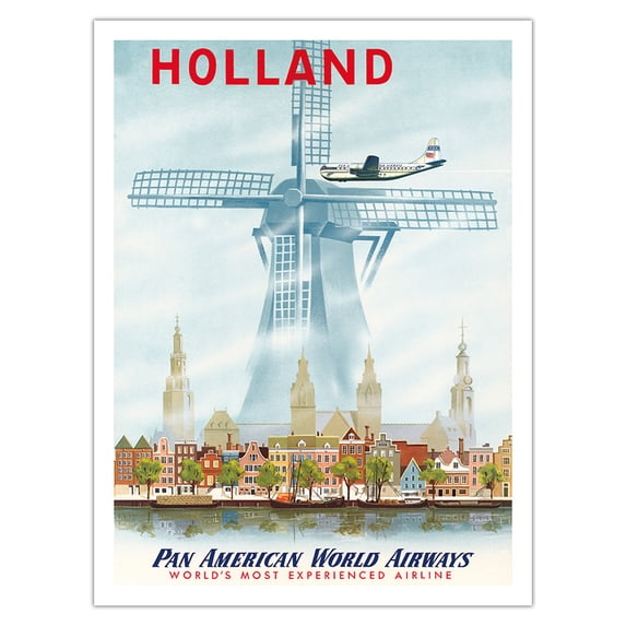 Holland - Netherlands Dutch Windmill - Pan American World Airways - Vintage Airline Travel Poster 1951 - Bamboo Fine Art 290gsm Paper Print (Unframed) 24x32in