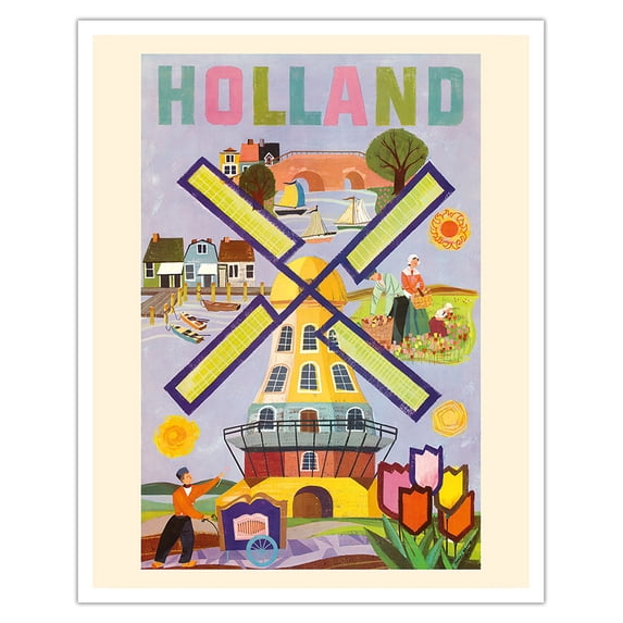 Holland Netherlands - Dutch Windmill - Vintage Travel Poster by Berry Weekes c.1959 - Fine Art Matte Paper Print (Unframed) 16x20in
