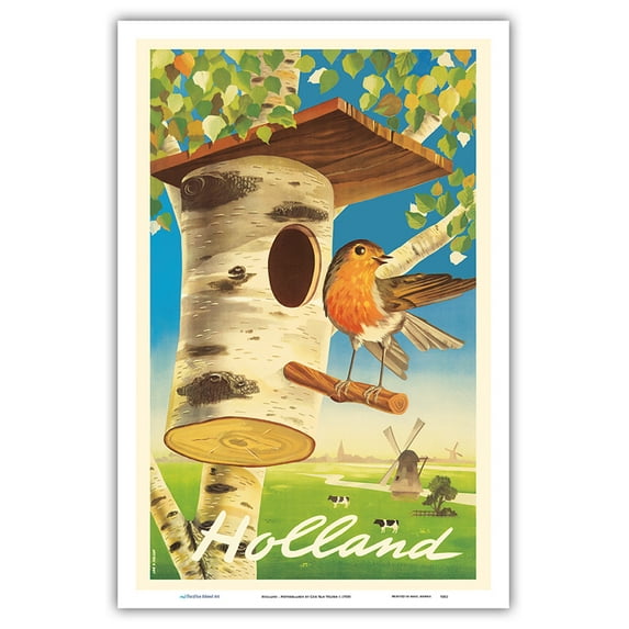 Holland - Netherlands - Tree Trunk Birdhouse Dutch Windmills - Vintage Travel Poster by Cor Van Velsen c.1950s - Master Art Print (Unframed) 12in x 18in