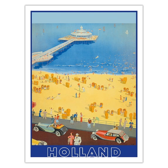 Holland - The Scheveningen Pier - The Hague Netherlands - Vintage Travel Poster by EMMANUEL JEAN LOUIS GALLARD c.1950s - Bamboo Fine Art 290gsm Paper Print (Unframed) 24x32in